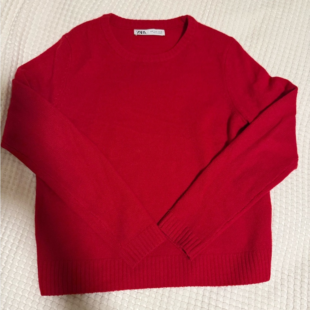 Zara 100% wool Bright Red Crewneck Sweater